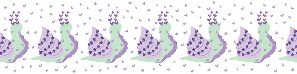 Seamless horizontal border with cute lavender snail and purple hearts © Viktoriia Blazhuk