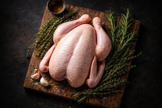Flat lay of raw whole chicken surrounded by rosemary and thyme on textured wood board and black backdrop copy space