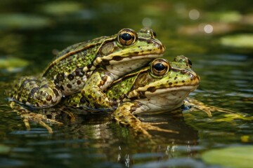 Obraz premium Full Length Study of Green Pool Frog Reproduction on Water Surface