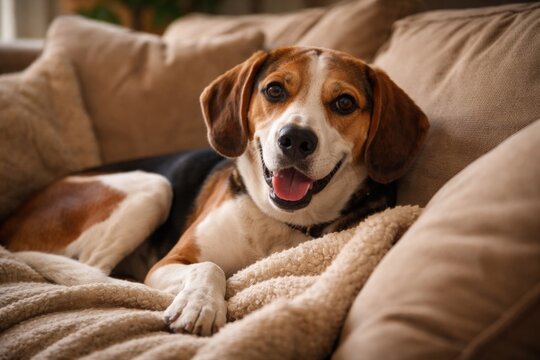 Cheerful foxhound beagle mix cuddled up comfortably on plush couch
