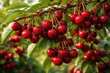 Fototapeta premium Branches of cherry tree heavy with fresh red fruit