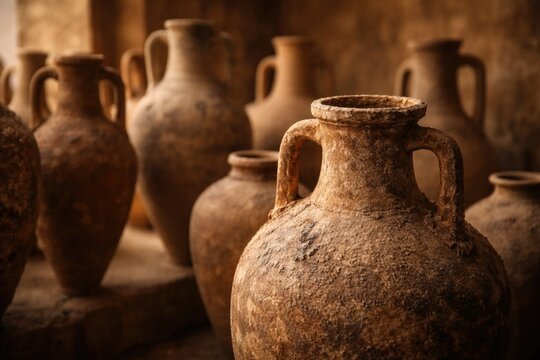 Ancient Mediterranean amphorae selective focus image with ample copy space
