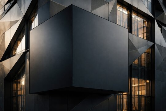 Black geometric box by innovative building facade offering extensive copy space for advertising