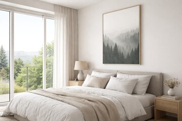 Fototapeta premium A side perspective of a white bedroom highlighting a vertical poster on the wall above a double bed near a panoramic window