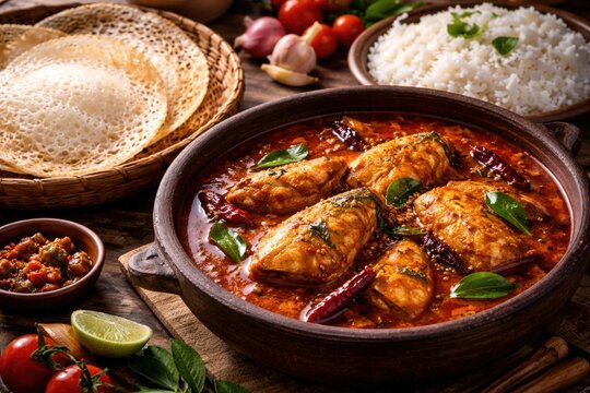 Flavorful fish curry from coastal regions with Appam and rice
