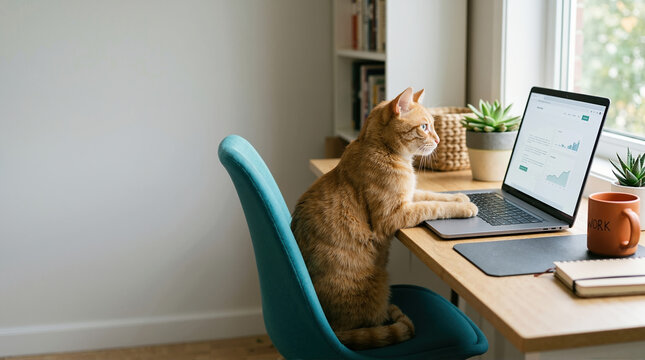 Orange tabby cat sitting at a desk and working on a laptop. Funny concept of a pet as a business professional with financial charts. Home office scene