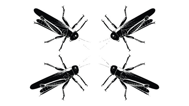 Black and white illustration of four grasshoppers in symmetrical pattern