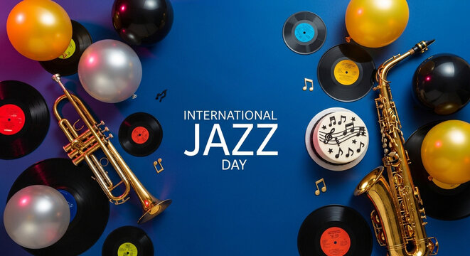 Jazz instruments, International Jazz Day, music symbols, colorful records