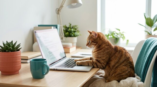 Ginger tabby cat using a laptop at a modern wooden desk. Funny pet working from home in a bright office. Smart feline typing on computer keyboard