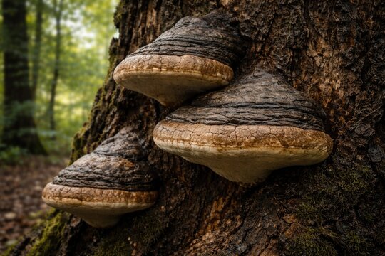 Decay fungus on a deciduous tree displaying hoof shaped fruiting structures