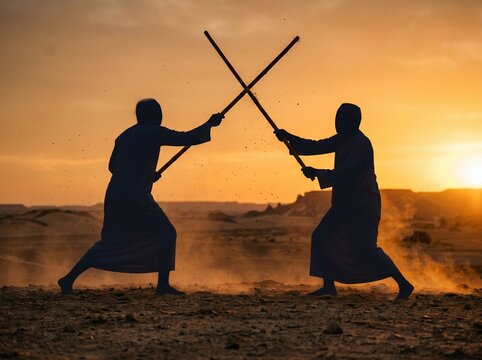 العنوان:
Egyptian Tahtib Stick Fighting Silhouette Desert Sunset Martial Art Heritage
