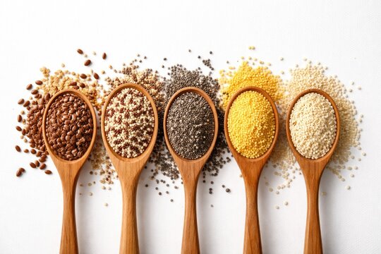 Agriculture and healthy eating presentation of flaxseed quinoa chia millet and sesame cereals in wooden spoon on white with copy space