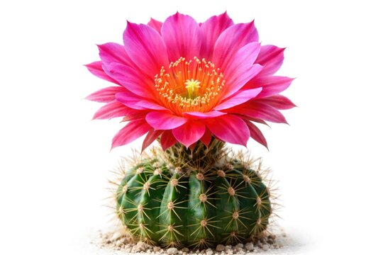 Isolated echinopsis cactus hybrid with vibrant pink bloom on white background