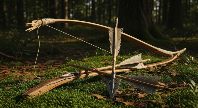 Broken Wooden Longbow and Arrows in Forest