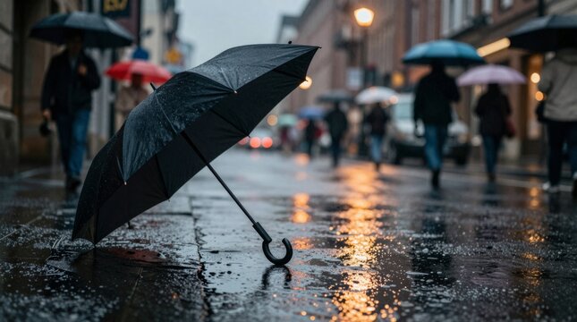 Black Umbrella on Wet Pavement in Rainy Urban Setting