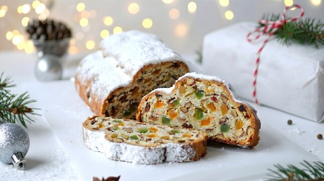 Traditioneller Stollen mit einer F&uuml;llung aus Trockenfr&uuml;chten, Hintergrund mit funkelnden Lichtern.