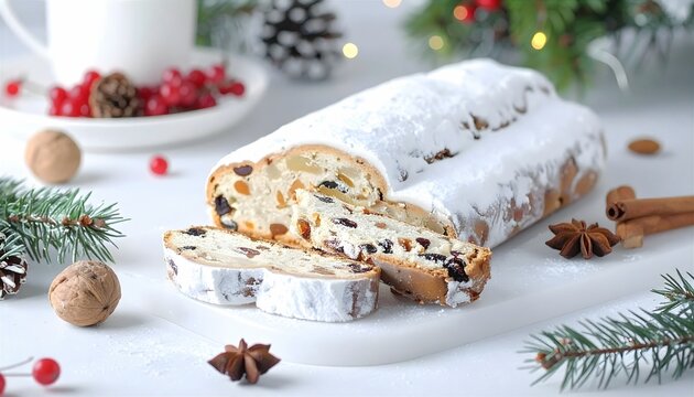 Traditioneller Stollen mit einer F&uuml;llung aus Trockenfr&uuml;chten, Hintergrund mit funkelnden Lichtern.