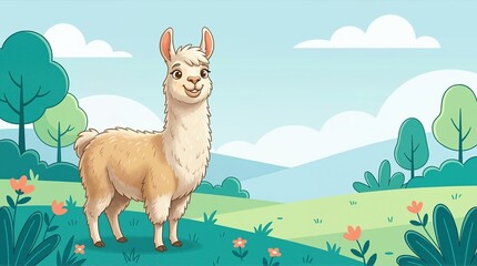 Obraz premium Cartoon llama standing in a green field with flowers and trees. Friendly alpaca character illustration in a bright landscape. Children's book style animal art. Copy space for text