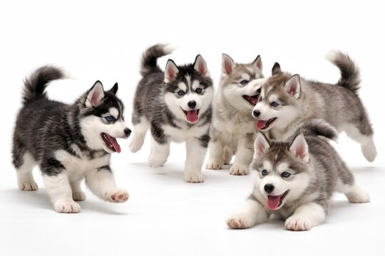 Full length view of lively Siberian husky puppies romping on a white studio background