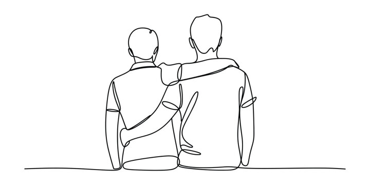 Two young men sitting together with arms around each other one line art