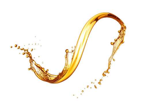 Golden oily splashes with drops on a transparent background. Splashes of motor or sunflower oil. Generative AI