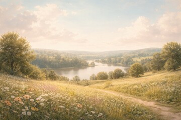 Naklejka premium Lovely summer panorama against a muted pastel background with copy space