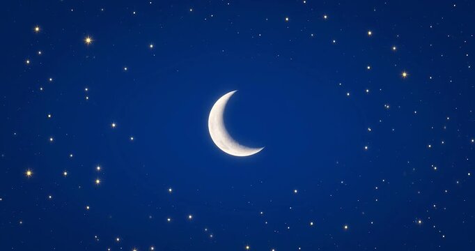 Crescent moon glowing softly in deep blue night sky with scattered twinkling stars serene celestial nightscape nocturnal peaceful sky star filled dreamy calm celestial scene