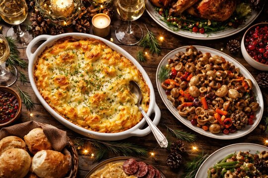 Holiday feast presented from above with baked mashed potatoes mixed with curd cheese and a selection of pickled mushrooms