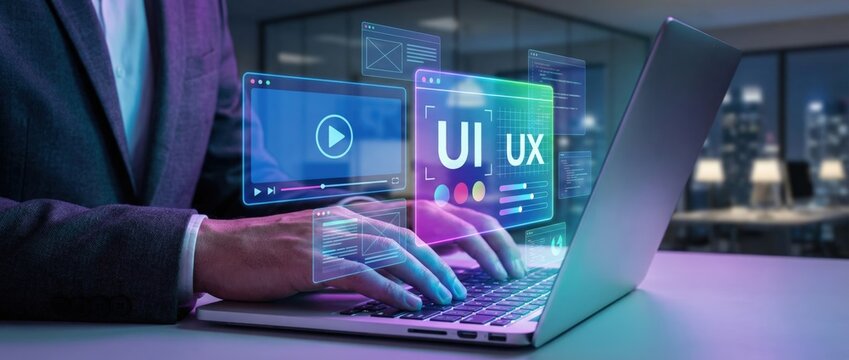 Innovative ui/ux design showcase modern office digital visuals nighttime environment close-up view conceptual technology exploration for enhanced user experience