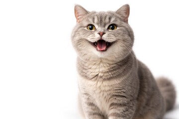 Obraz premium Cheshire smile British Shorthair cat posing joyfully on white background
