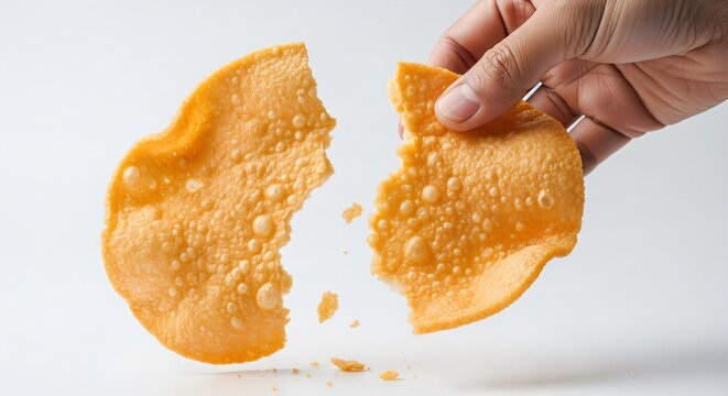 Hand snapping a large crispy shrimp cracker (kerupuk udang) into two pieces, plain white background.