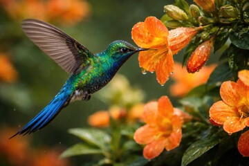 Fototapeta premium Blue tailed hummingbird sipping nectar on vivid orange blossom