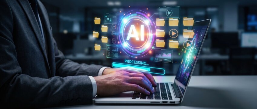 Ai processing workflow demonstration office environment digital content technology space close-up view innovative concepts for enhanced productivity