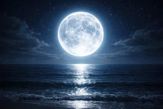 Full crystall moon glowing over peaceful ocean during night hours
