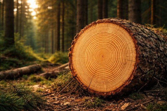 Freshly harvested conifer log displaying tree rings with copy space background