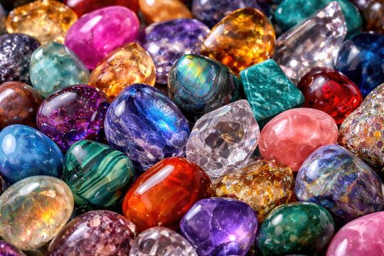 Collection of polished geological gems highlighting colorful mineral crystals