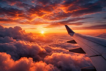 Obraz premium Evening sky display with sunset colors observed from an aircraft above clouds