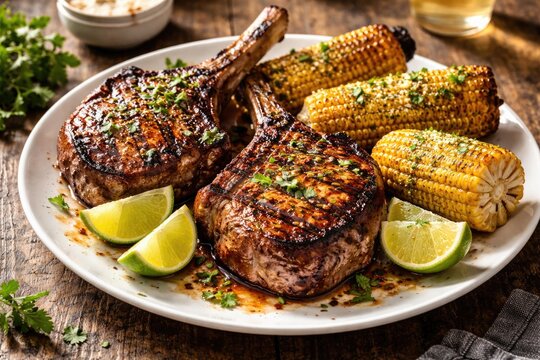 Grilled tomahawk pork chops served with lime and corn on white plate on textured wooden table