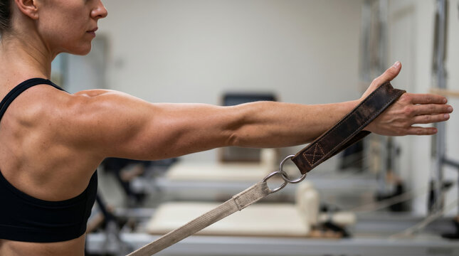 arm extension during a Pilates reformer exercise. The focus is on the muscular engagement of the shoulder and arm, with a leather-cushioned strap held firmly in an open palm.