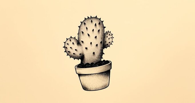 Potted cactus plant succulent in terracotta pot illustration with dotwork stippling botanical minimalism textured dotted texture warm beige background quirky calm desert clay pot minimal art botanical