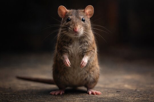 Isolated brown rat standing on hind legs looking straight ahead