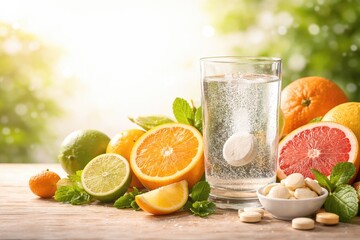 Fototapeta premium Citrus fruit arrangement with Vitamin C pill fizzing and copy space for text