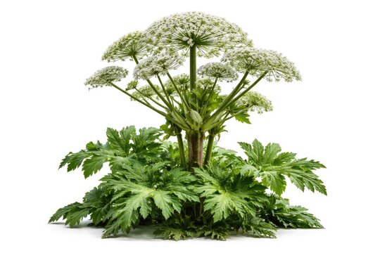 Isolated view of a toxic giant hogweed plant showcasing flowering umbels and bright green leaves set on a clean white background