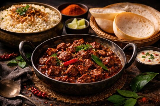 Authentic red beef fry curry with aromatic ghee rice and fluffy appam displayed against dark backdrop