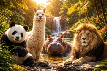 Obraz premium delightful tropical creatures panda llama hippo and lion in sunny environment