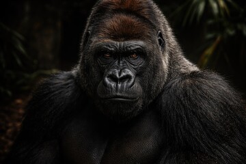 Fototapeta premium Intense gaze of a lowland gorilla on a dimly lit background