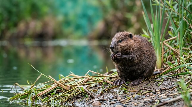 Baby beaver sitting on a riverbank. Young kit with wet fur by the water. Wildlife portrait of a small rodent in nature