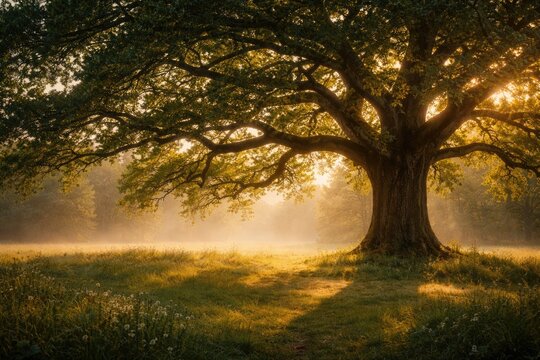 Nature landscape of a grand oak tree spreading branches under soft morning glow with copy space