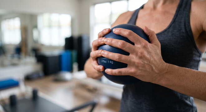 a practitioner holding a blue 2 lb (1 kg) weighted Pilates ball.