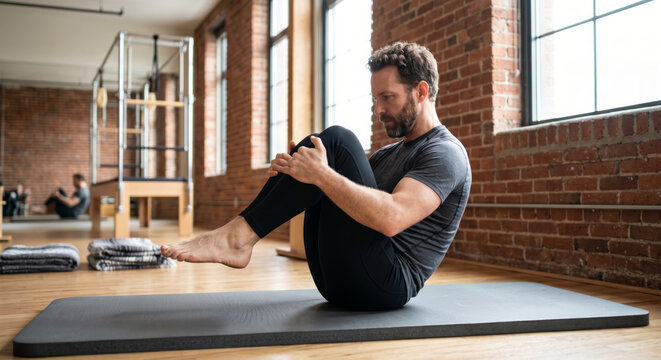 a bearded man performing a balancing knee-to-chest core exercise on a mat in a spacious, industrial-style fitness studio. He is sitting on his tailbone with his knees pulled tightly to his chest, arms
